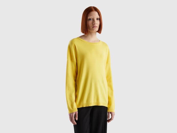 suéter de algodón con cuello redondo NHBF102 amarillo mujer Benetton