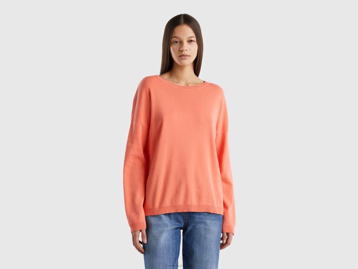 suéter de algodón con cuello redondo NHBF11 naranja mujer Benetton