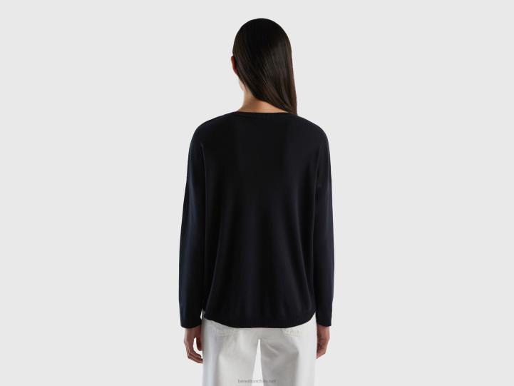 suéter de algodón con cuello redondo NHBF213 negro mujer Benetton