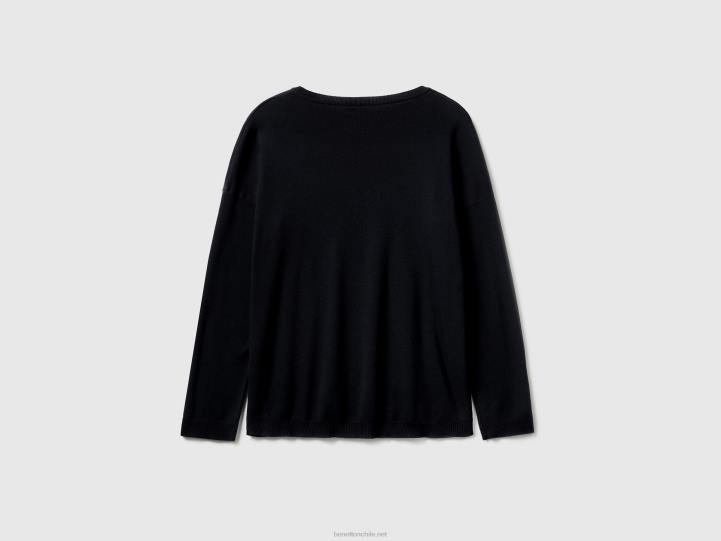 suéter de algodón con cuello redondo NHBF213 negro mujer Benetton
