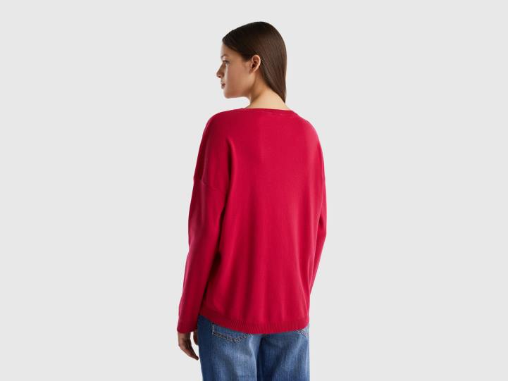 suéter de algodón con cuello redondo NHBF3534 fucsia mujer Benetton