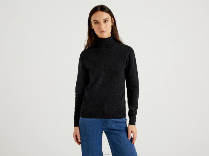 suéter de cuello alto gris carbón en pura lana merino NHBF231 gris oscuro mujer Benetton