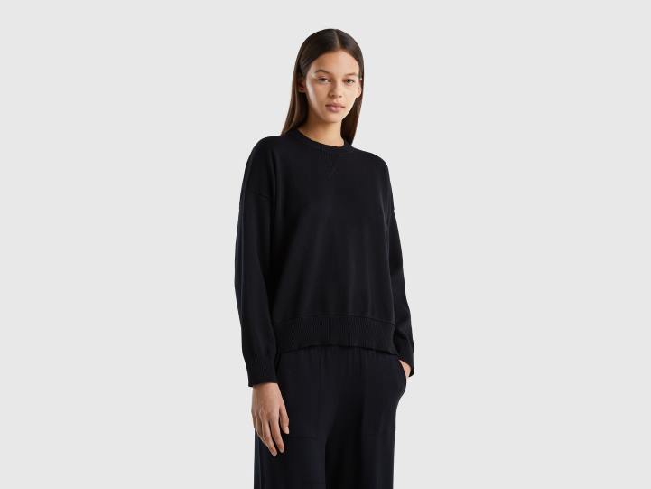 suéter de cuello redondo en algodón tricot NHBF55 negro mujer Benetton