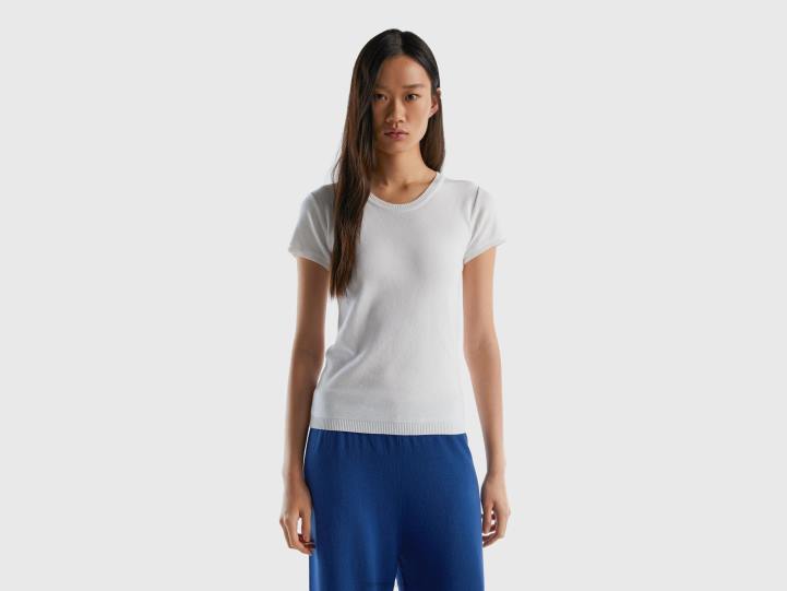 suéter de manga corta en 100% algodón NHBF3626 blanco mujer Benetton