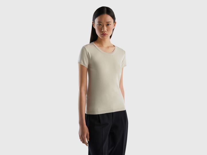 suéter de manga corta en 100% algodón NHBF3668 beige mujer Benetton