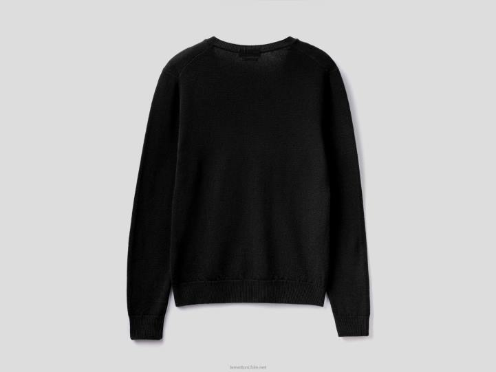 suéter negro con cuello de pico en pura lana merino NHBF3697 negro mujer Benetton