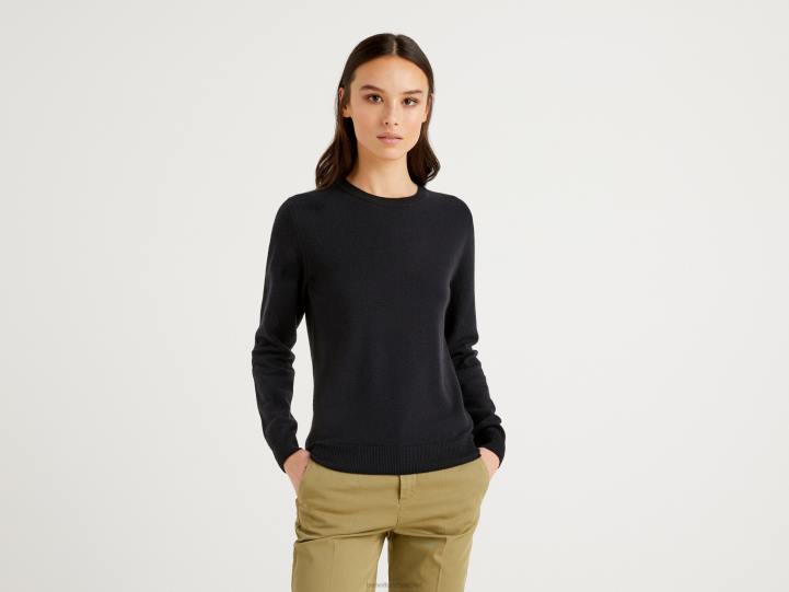 suéter negro con cuello redondo en lana merino NHBF154 negro mujer Benetton