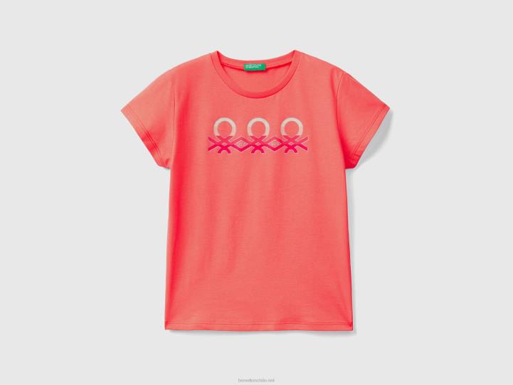 camiseta con logo brillante de algodón orgánico NHBF5230 coral naranja niños Benetton