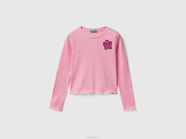 camiseta de canalé con bordado NHBF5235 rosa niños Benetton