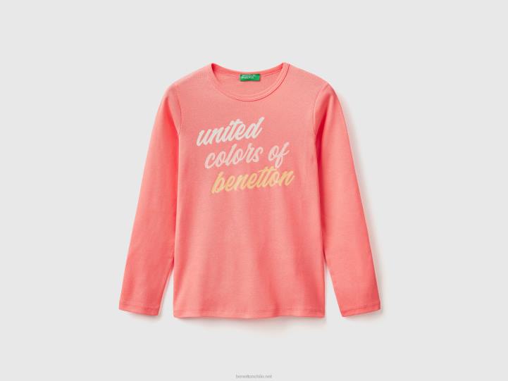 camiseta de manga larga con estampado de purpurina NHBF2448 coral naranja niños Benetton