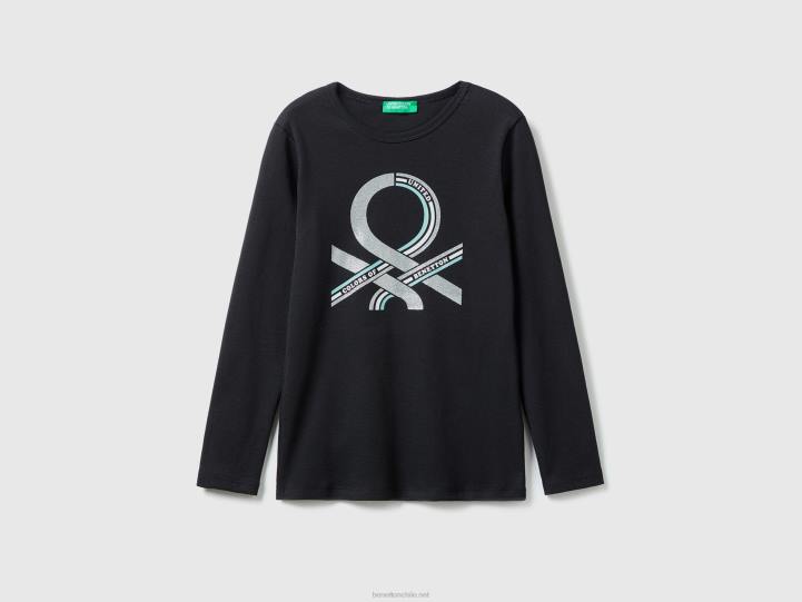 camiseta de manga larga con estampado de purpurina NHBF2450 negro niños Benetton
