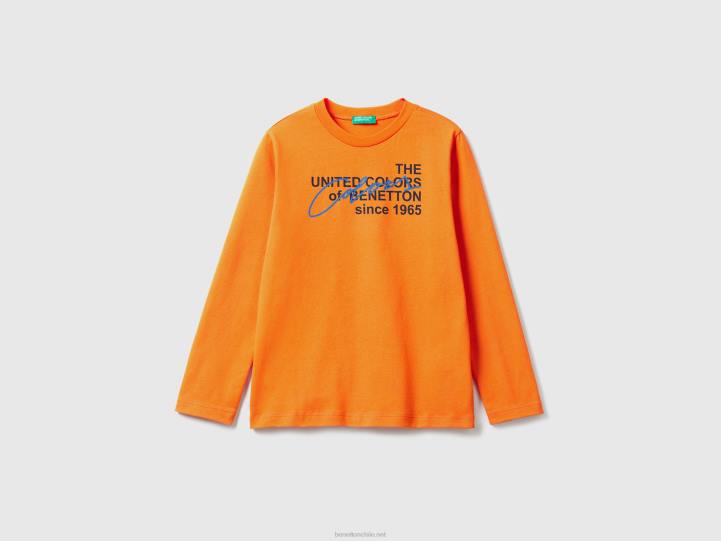 camiseta de manga larga de algodón orgánico NHBF1744 naranja niños Benetton