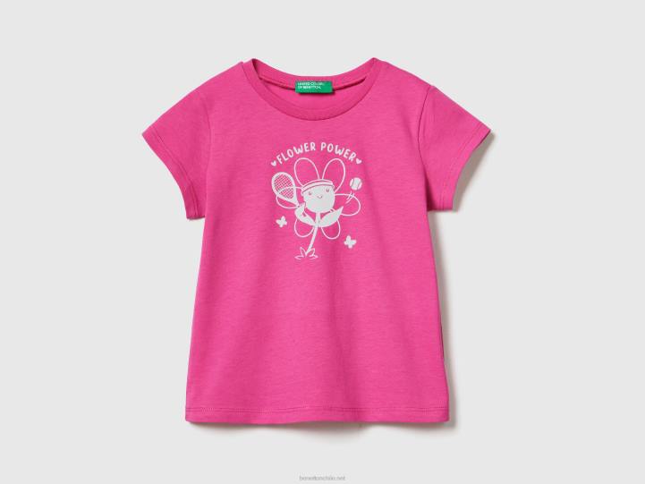 camiseta con cuello redondo y estampado NHBF5581 fucsia niños Benetton