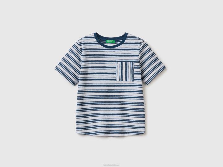 camiseta de rayas en mezcla de lino NHBF5078 azul niños Benetton