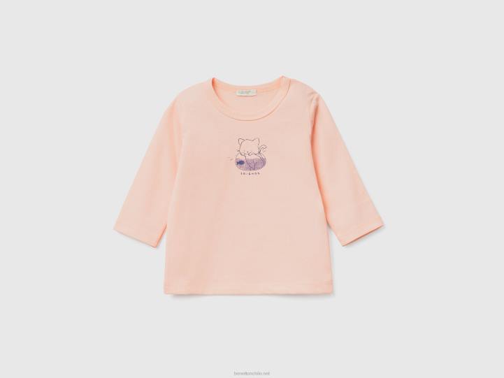 camiseta de manga larga de algodón orgánico NHBF5792 Rosa suave niños Benetton