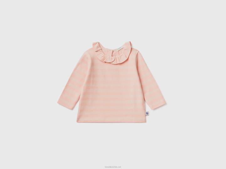 camiseta de rayas con cuello NHBF5797 rosa niños Benetton